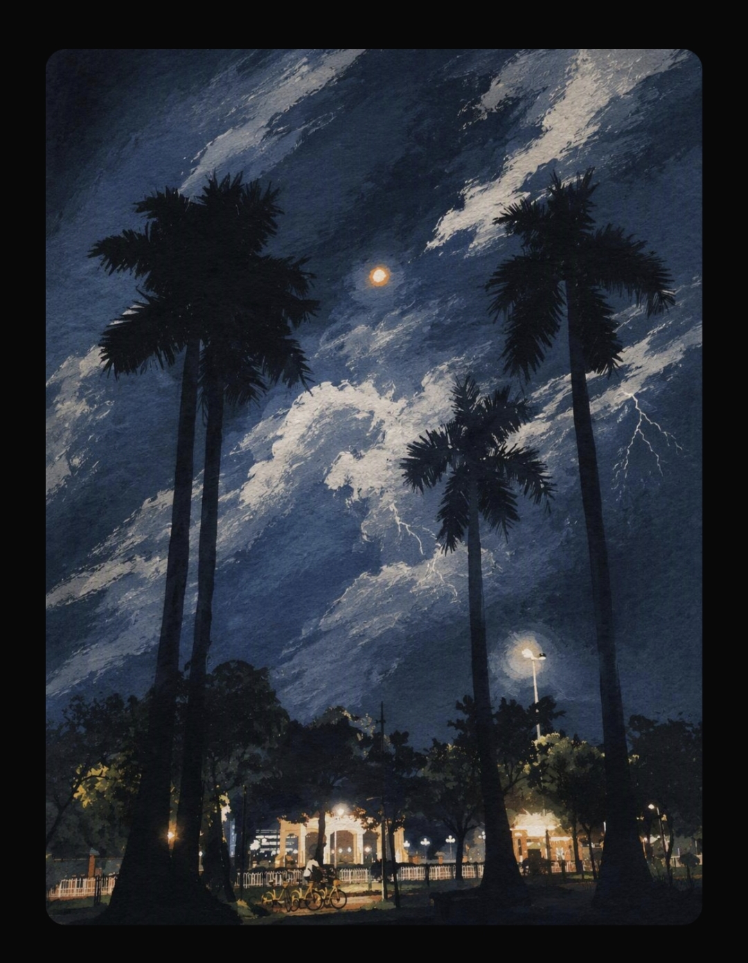 保留棕榈树与月光，以绘画笔触呈现疾行的云层和闪电